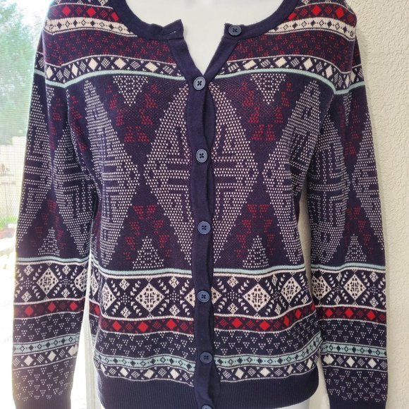 Women's/Girl's Geometric Pattern Navy Button Front Cardigan Sz Small 100% Cotton - Picture 1 of 4
